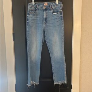MOTHER Light Blue Cropped Jeans with Frayed Hem